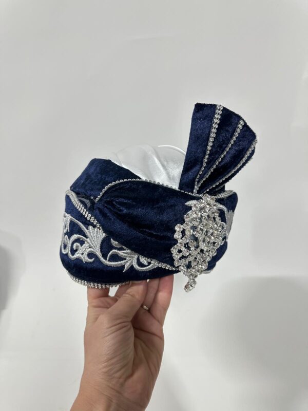 Kadife Berk Kaftan Şapkası-Lacivert Gümüş