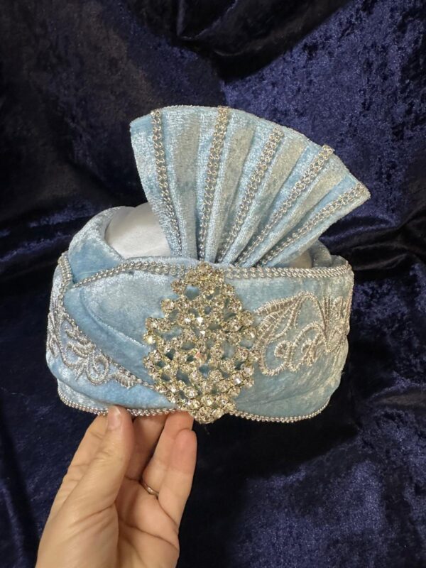 Kadife Berk Kaftan Şapkası-Bebe Mavisi-Gümüş