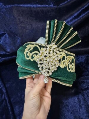 Kadife Berk Kaftan Şapkası-Yeşil-Altın