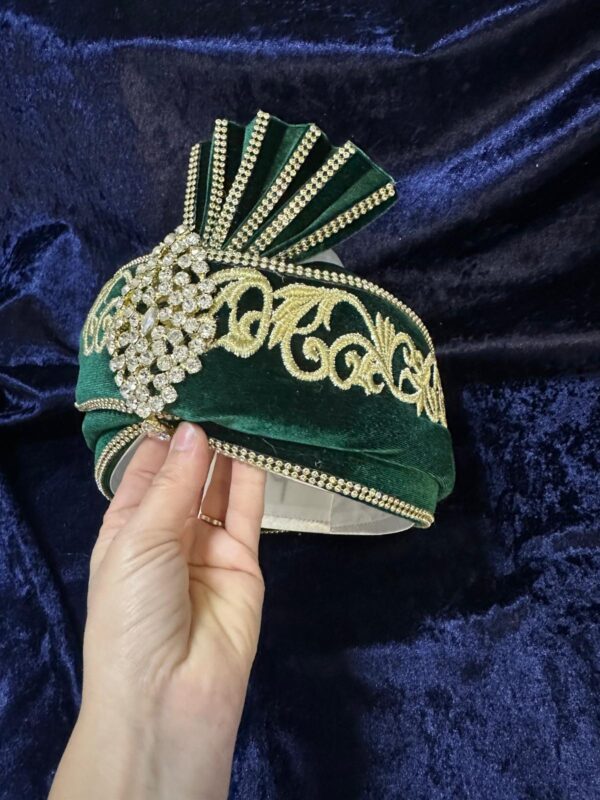 Kadife Berk Kaftan Şapkası-Yeşil-Altın