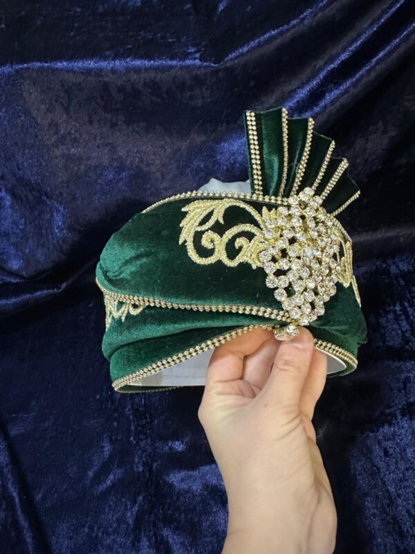 Kadife Berk Kaftan Şapkası-Yeşil-Altın