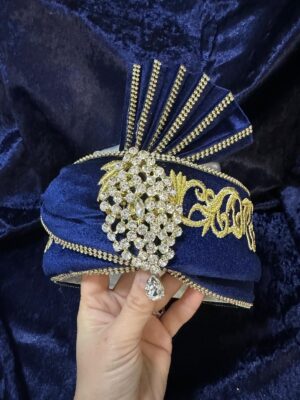 Kadife Berk Kaftan Şapkası-Lacivert Altın