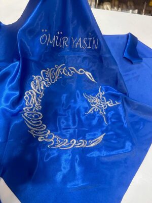 Kına Örtüsü Saten & Eldiveni, Nakışlı, Saks-Gümüş