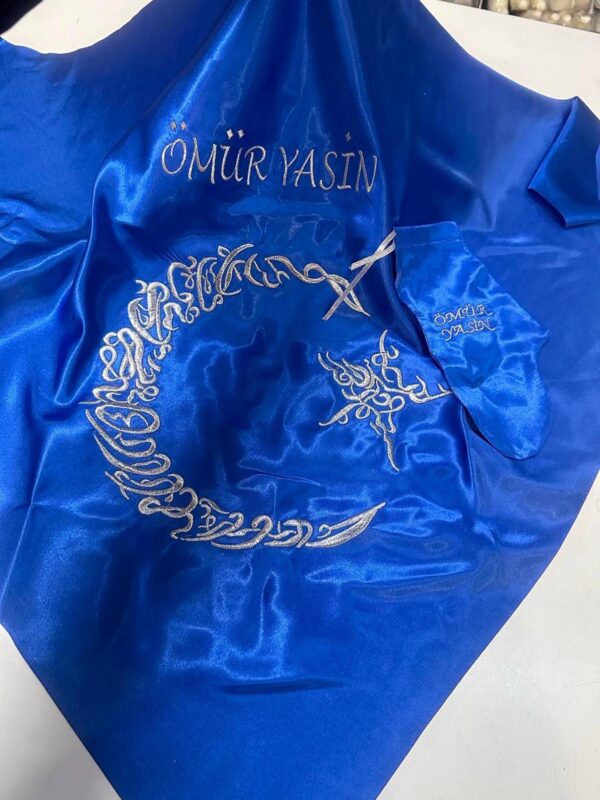 Kına Örtüsü Saten & Eldiveni, Nakışlı, Saks-Gümüş