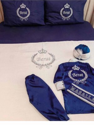 İsimli Taç ve Çelenk Nakışlı Çift Kişilik Sünnet Pikesi, Pijama Takımı Lacivert-Gümüş